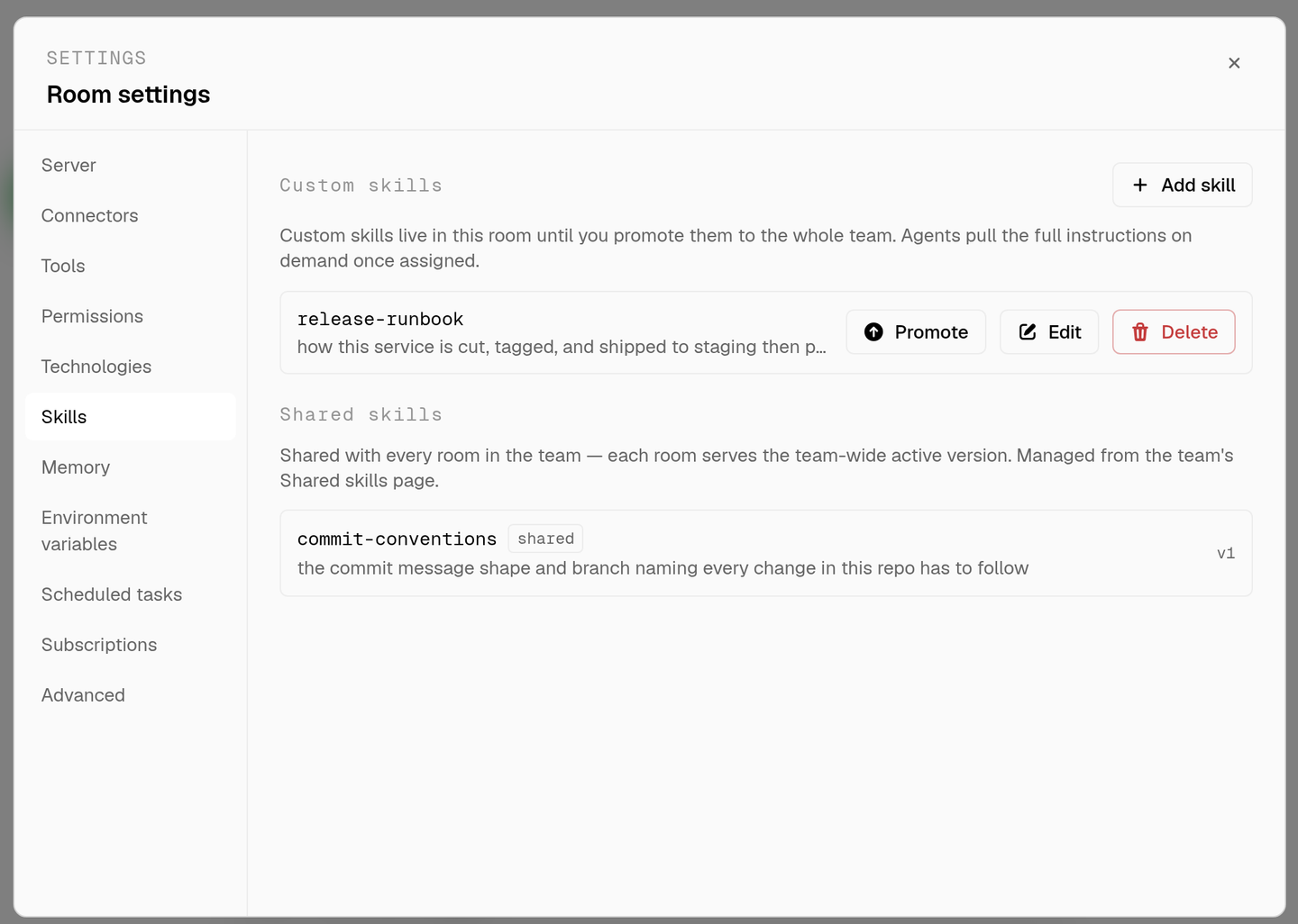 the version history of a custom skill with version 3 marked current and a restore button next to version 2 and version 1