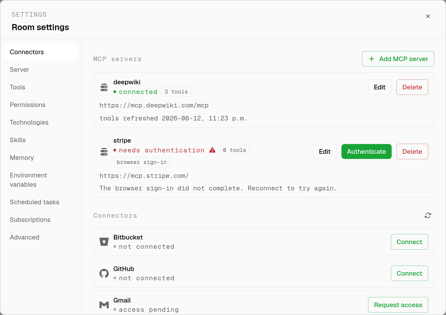 the connectors tab with deepwiki connected on three tools and stripe needing authentication after an unfinished browser sign-in