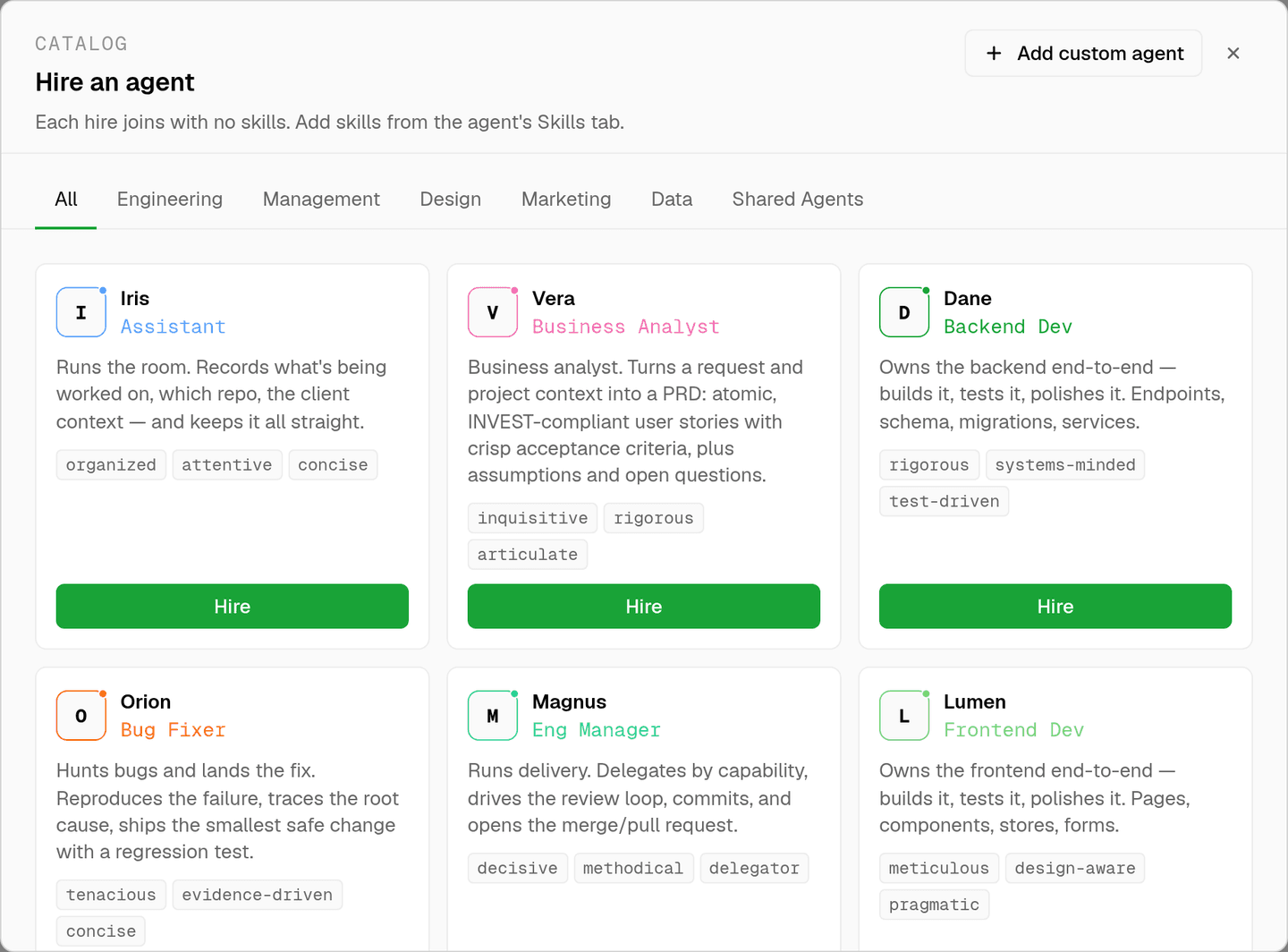 the hire an agent catalog with iris, vera, dane, orion, magnus and lumen listed, each with its role, what it owns, and its traits