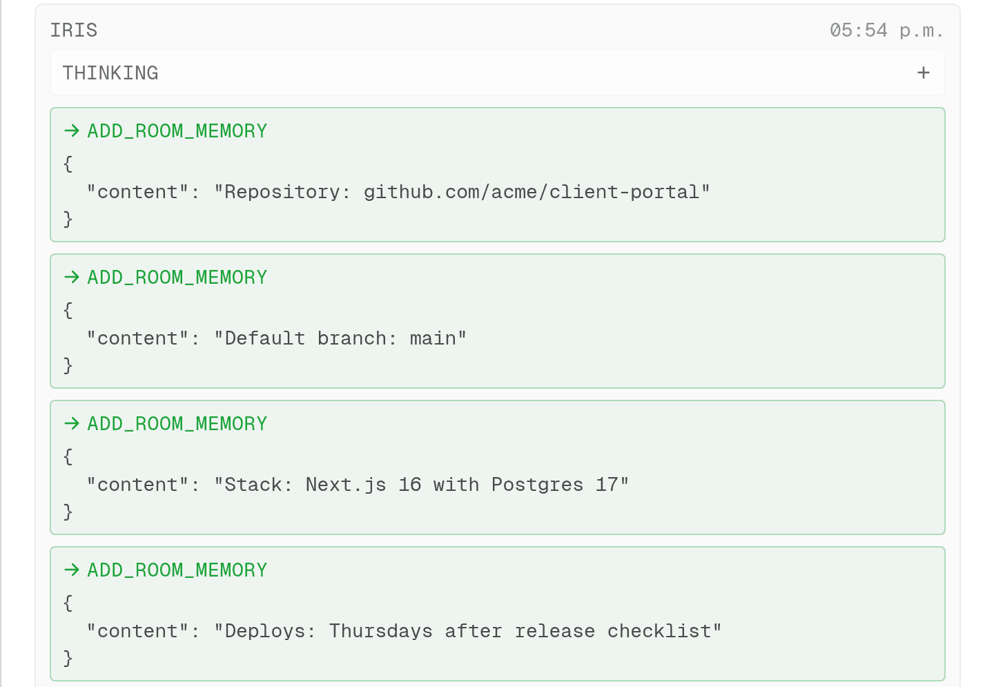 an assistant writing the repository, default branch, stack, and deploy schedule into room memory one entry at a time